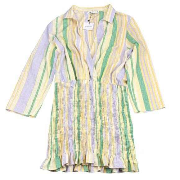 Zara The Valery Striped V-Neck Smock Long Sleeve Mini Shirt Dress Pastel XL - Picture 5 of 8